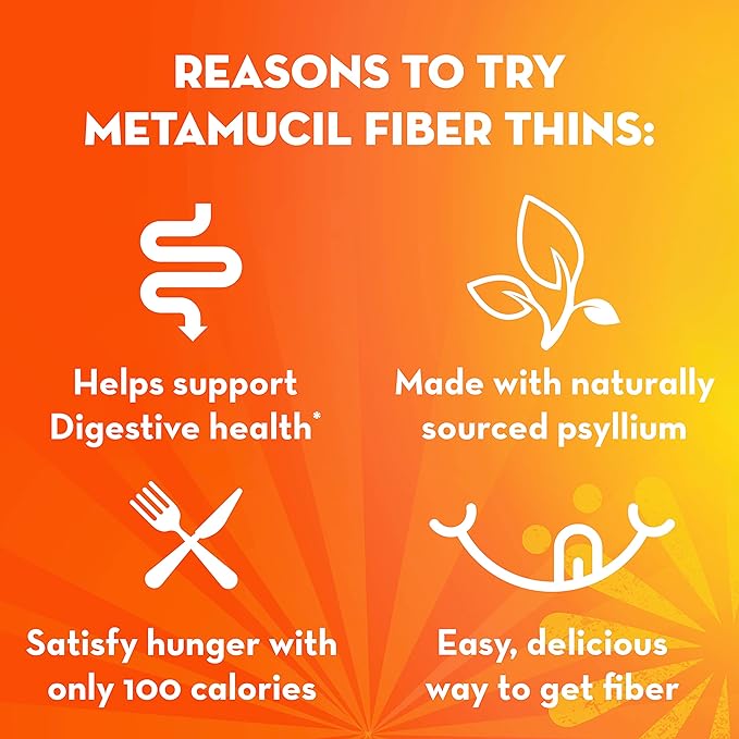 Metamucil Fiber Thins, Psyllium Husk Fiber Supplement, Digestive Health Support and Satisfy Hunger, Chocolate Flavored, 12 Servings (Pack of 2)