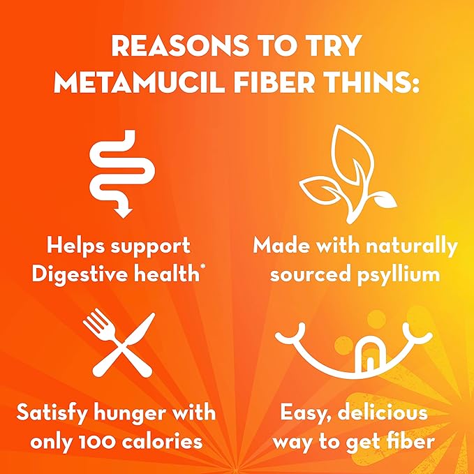 Metamucil, Fiber Thins, Daily Psyllium Husk Fiber Supplement, Supports Digestive Health and Satisfies Hunger, Chocolate Flavor, 48 Total Servings (4 Packs of 12)