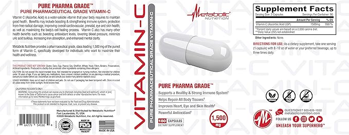 Metabolic Nutrition Vitamin C, 1500mg, Pure Pharma Grade, High Absorption Ascorbic Acid Capsules (180 caps)