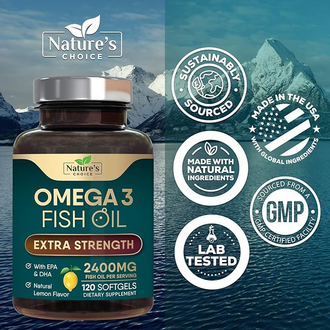 Triple Strength Omega 3 Fish Oil Supplement, EPA & DHA Fish Oil Omega 3 Essential Fatty Acids Supplement Softgels, 2400 mg Brain & Heart Health Support Supplements, Gluten Free, Non-GMO, 120 Softgels