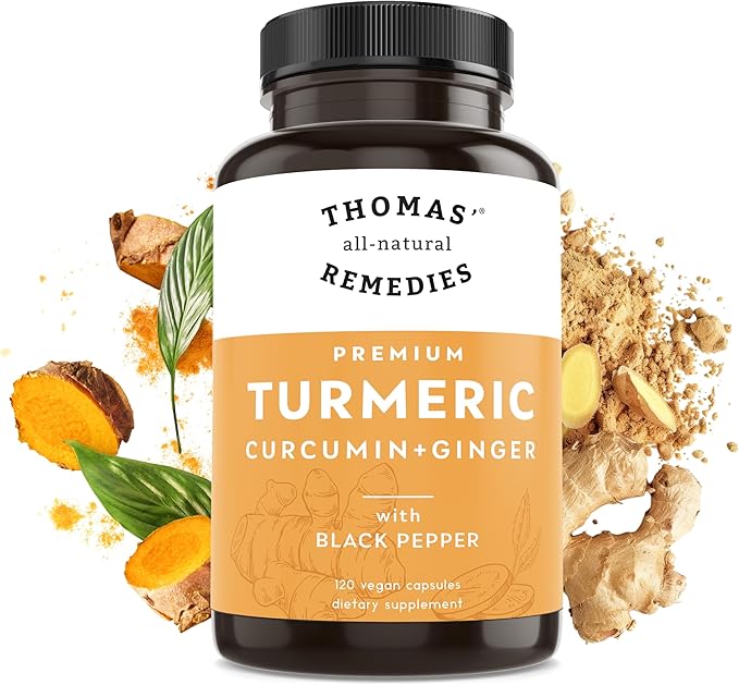 Thomas' all-natural Remedies Turmeric Curcumin and Ginger with Black Pepper, Organic Turmeric Joint Support Supplement- 95% Curcumin - NO fillers, Vegan - 120ct