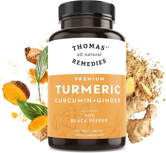 Thomas' all-natural Remedies Turmeric Curcumin and Ginger with Black Pepper, Organic Turmeric Joint Support Supplement- 95% Curcumin - NO fillers, Vegan - 120ct