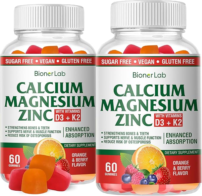 Calcium Magnesium Zinc Gummies with Vitamin D3 & K2 - High Potency Enhanced Absorption - Orange and Berry Flavored