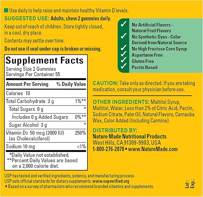 Nature Made Zero Sugar Vitamin D3 Gummies 2000 IU (50 mcg) per Serving, Immune, Bone, Teeth & Muscle Support Supplement, Aspartame Free, 110 Sugar Free Vitamin D Gummies, 55 Day Supply