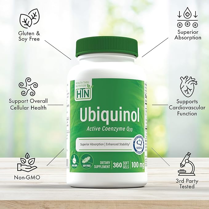 Health Thru Nutrition Ubiquinol 100mg 360 Softgels as Kaneka QH Reduced CoQ-10 | Stabilized - 3rd Party Tested | Enhanced Bioavailability | Cardiovascular & Mitochondria Function Support | Non-GMO