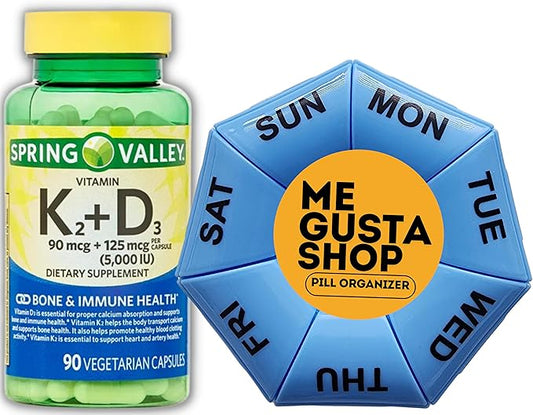 Spring Valley Vitamin K2 90mcg + D3 125mcg 90 Count Vegetarian Capsule inclued Pills Organizer