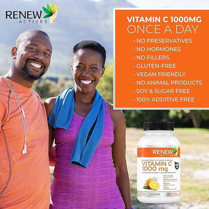 RENEW ACTIVES Maximum Strength Vitamin C 1000MG per Serving – Antioxidant & Immune Booster for Overall Health, Bones, Teeth & Gums – Non-GMO, Sugar-Free, 4-Month Supply – Made in Canada – 120 Capsules