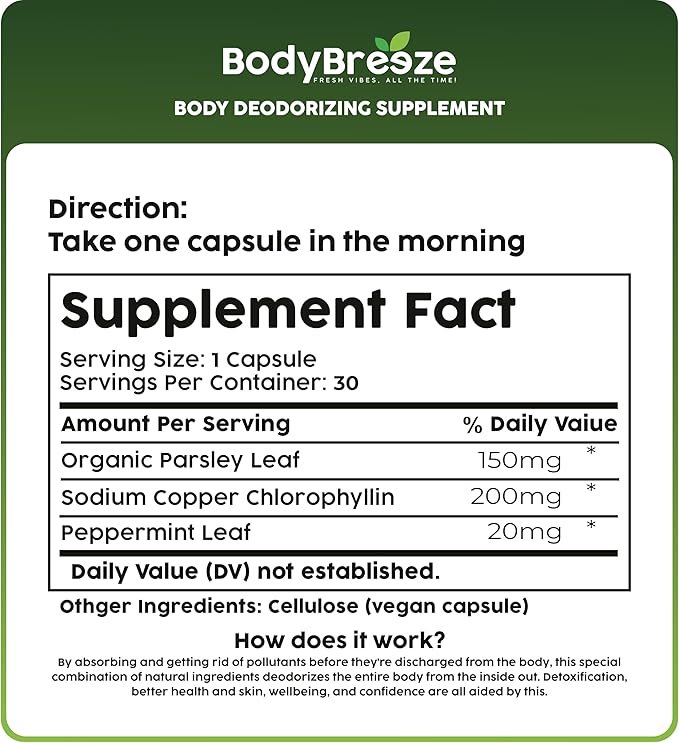 Internal Deodorant Supplement | Natural Chlorophyll 90 Capsules for Body Odor Control, Gut Health, and Fresh Breath | Vegan, Detox Support & Skin Health | Odor Eliminator for Men & Women