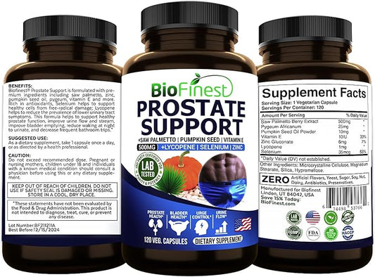 Prostate Support for Men - Saw Palmetto Lycopene Pumpkin Seed Pygeum Zinc Selenium - Healthy Urine Flow Bladder Prostate Vitamin Supplement - Made in USA (120 Veg. Capsule)