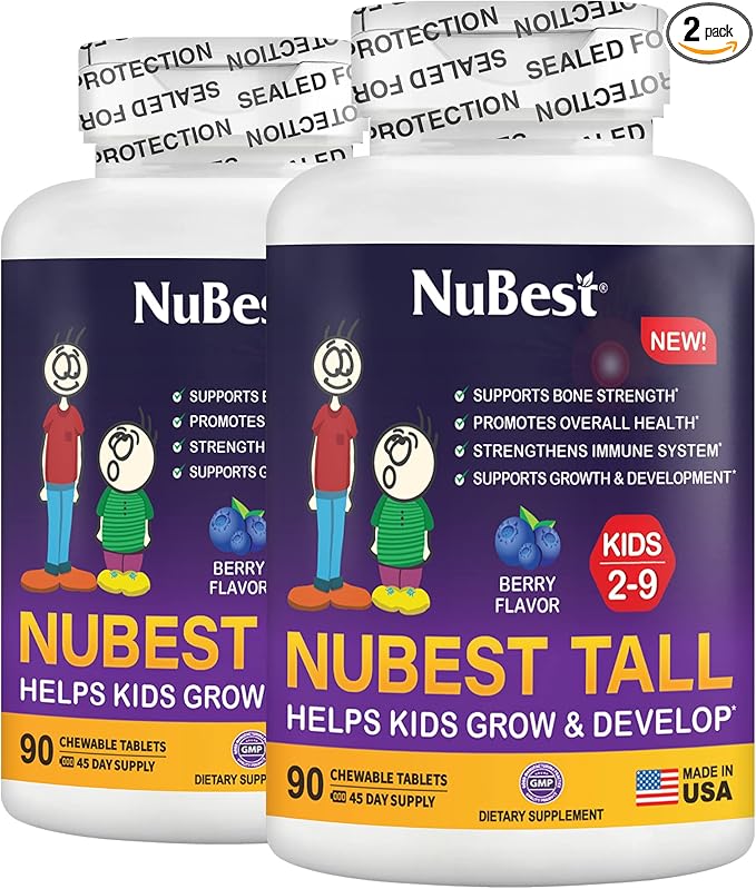 NuBest Tall Kids - Toddlers Vitamins and Kids Vitamins for Age 2 to 9 - Support Bone Strength, Overall Health and Immunity - Animal Shapes - 90 Chewable Berry Tablets | 2 Pack