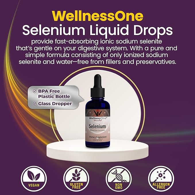 WellnessOne Liquid Selenium Supplement - Ionized Selenium Liquid Drops 70 mcg - Antioxidant, Cardiovascular and Immune Support - USA Tested, Vegan, Non-GMO, Gluten Free, Unflavored - 1.67 fl oz