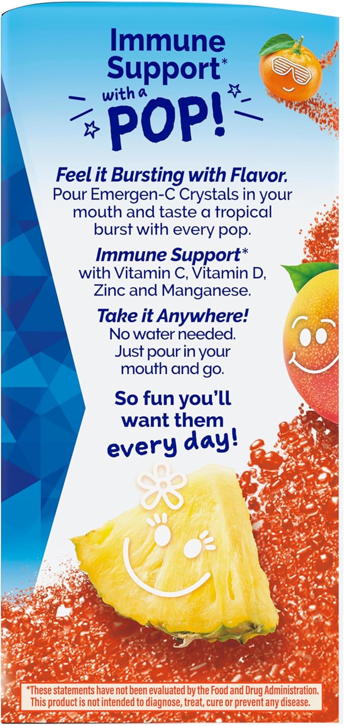 Emergen-C Kidz Immune Plus Crystals, On-The-Go Immune Support Supplement with Vitamin C, Vitamin D, B Vitamins, Zinc and Manganese, Tropical Punch - 28 Stick Packs