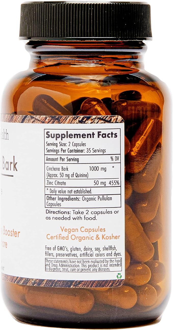 Quinine for Leg Cramps Defense, Restless Legs Relief - Organic Quinine with Zinc 50mg - Cinchona Bark Herbal Supplement for Muscle Cramp, Immune and Digestive - 70 Vegan Capsules - Organica Health