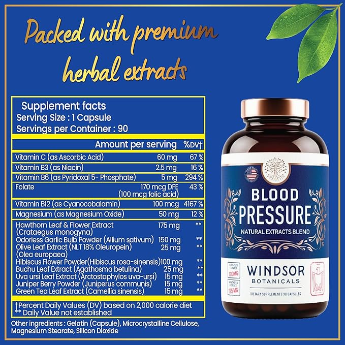 Blood Pressure Support Supplement - Green Tea, Hibiscus, Hawthorn, Garlic - Blood Pressure Vitamin, Mineral and Activated Naturals - 3 Month Supply, 90 Capsules