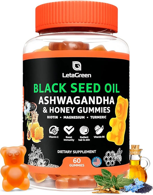 Black Seed Oil Gummies - Black Cumin Seed Oil 500mg Biotin 500mcg Ashwagandha 200mg ACV 100mg Rapeseed Honey 50mg Turmeric 20mg Beet Root 30mg Pomegranate 30mg Magnesium 50mg Vitamin B6 C