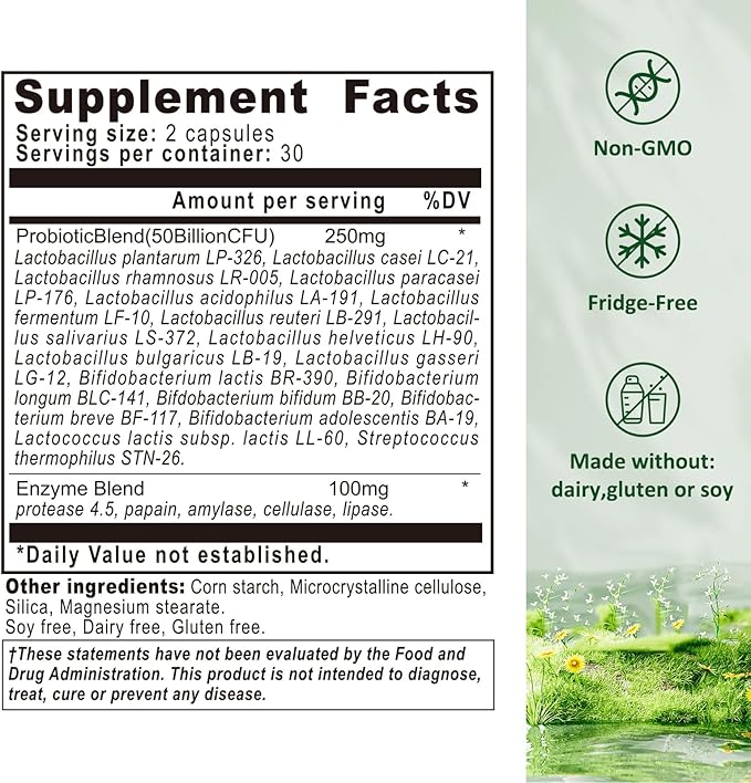 Probiotics for Women & Men - Probiotic 50 Billion CFU 18 Strains & 5 Digestive Enzymes for Gut Health, Immune - Probiotics Capsules Supports Gas & Bloating, Natural, Non-GMO, Gluten Free, 60ct