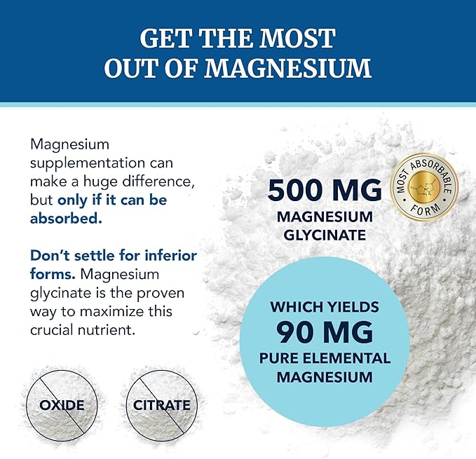 Magnesium Glycinate 500mg | Chelated for High Absorption | Muscle Relaxation, Bones, Heart, Nerve, Sleep & Calm Support for Women & Men | Magnesium Chelate Supplement & Bisglycinate Complex | 240ct