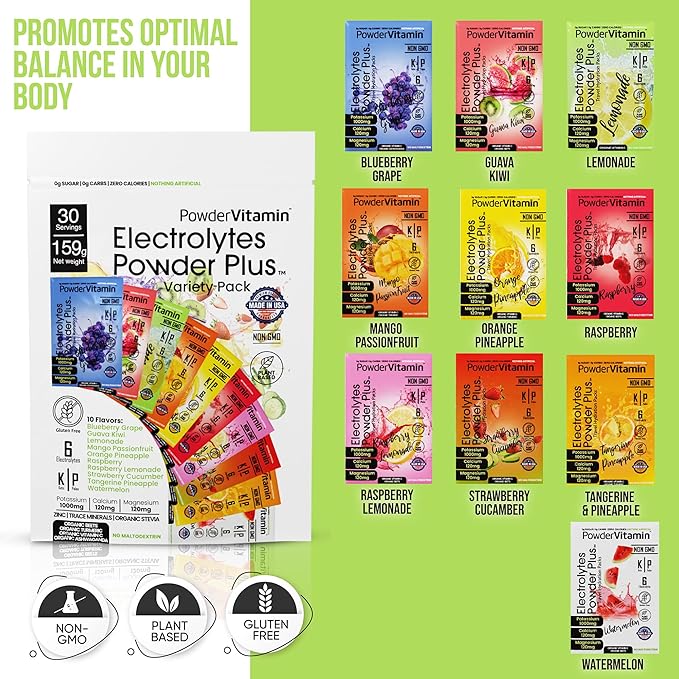 Electrolytes Powder Plus Keto, Variety Pack, Zero Sugar, 1000mg Potassium, 120mg Calcium, 120mg Magnesium, Non-GMO, Zero Calories, 30 Hydration Packets