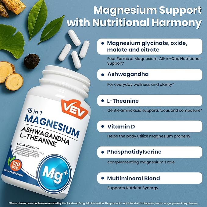 VEV Magnesium Glycinate & Citrate Cortisol Supplements for Women, Stress and Sleep Support with Ashwagandha & L-Theanine, cortisol Manager, 120 Vegan Capsules