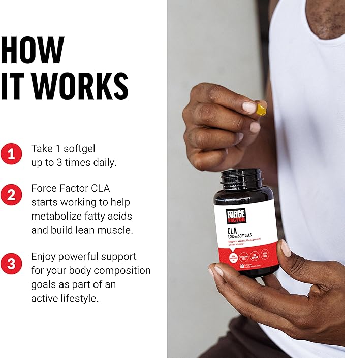 FORCE FACTOR CLA Supplements, CLA 1000 mg, Conjugated Linoleic Acid to Support Body Composition and Lean Muscle Mass, Made from Safflower Oil, Stimulant Free, Non-GMO, 90 Softgels