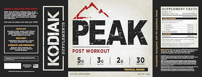 Creatine 3G Peak Post Workout Recovery Powder - 5G BCAA 2:1:1 - Glutamine 2G - Creatine Monohydrate Muscle and Strength Building Supplement - 30 Servings - Tropical Mango
