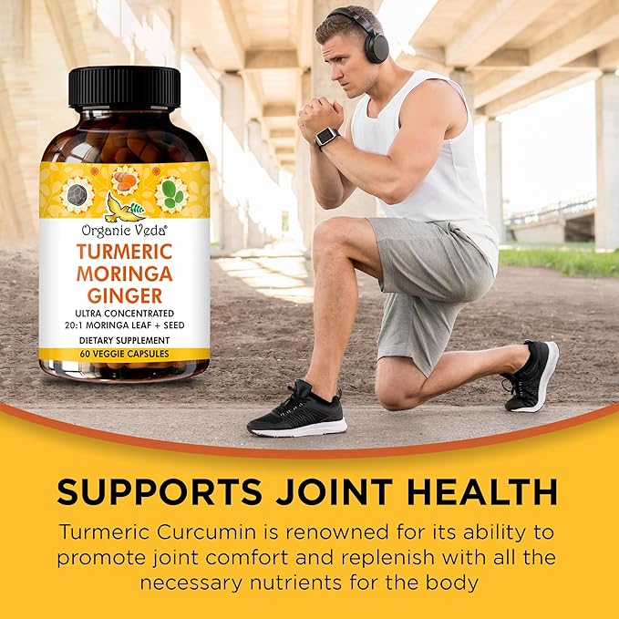 Organic Veda Turmeric Moringa Ginger Capsules - Super Antioxidants & Curcumin Supplement with 20:1 Moringa Leaf & Seed Extract, Black Pepper - Energy, Joints, Heart Health Support - 60 Vegan Pills