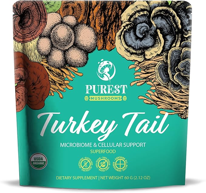 Turkey Tail Powder - Organic Mushroom Supplement with Powerful Turkey Tail Mushroom Extract for Microbiome & Cellular Support 60g