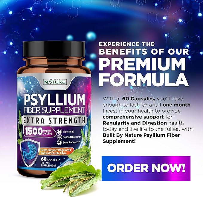 Psyllium Husk Capsules 1500mg - Fiber Supplement - Natural Soluble Fiber Pills with Psyllium Husk Powder - Supports Digestive Gut and Colon Health - Non-GMO, Gluten-Free, Vegan - 60 Capsules