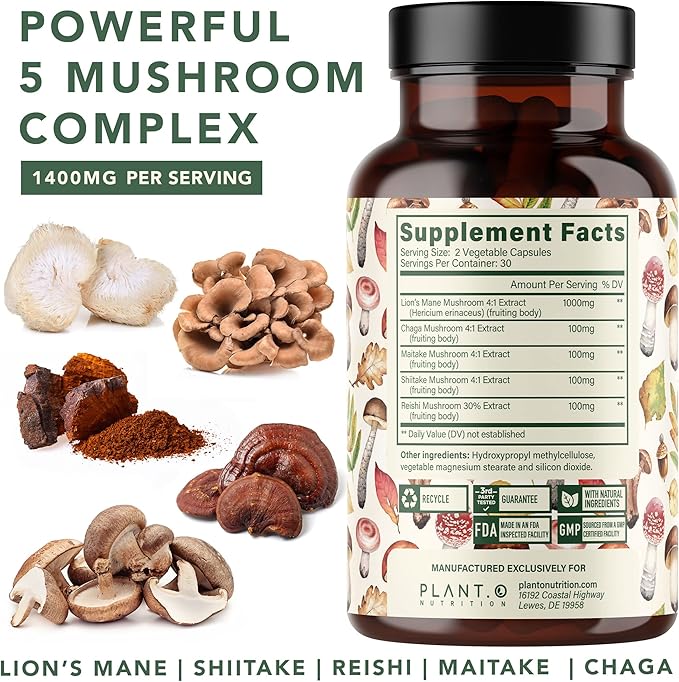Plant.O Premium Lion's Mane Supplement, All Natural Nootropics Brain Supplement, 5 Mushroom Complex – Lion’s Mane, Reishi, Chaga, Maitake, Shiitake for Immunity, Focus, Mood & Memory Boost, 90 Caps