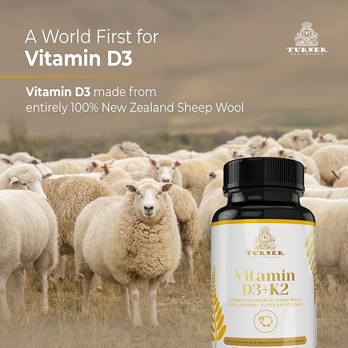 TURNER Vitamin D3 (2000IU) Plus K2 (80mcg), 2 in 1 Formula, Vitamin D3 Liquid with Vitamin K2, 60 Soft-Gels, Support Heart, Teeth & Joint Health, Easy to Swallow