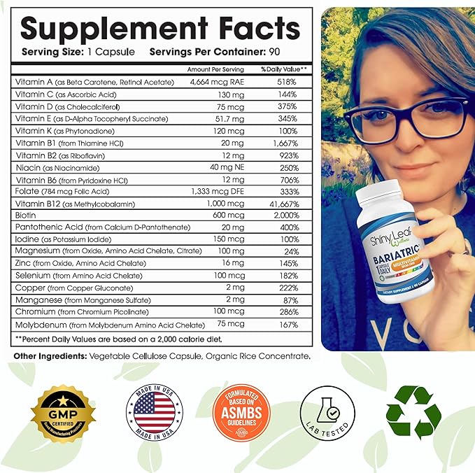 Shiny Leaf Bariatric Multivitamin Without Iron - Vitamins for Gastric Bypass & Sleeve, 1 Daily Capsule W Vitamin A, C, D, Biotin, Zinc, B12, K, Vegetarian, Soy-Free, GMP Cert., Made in USA (360 Ct.)