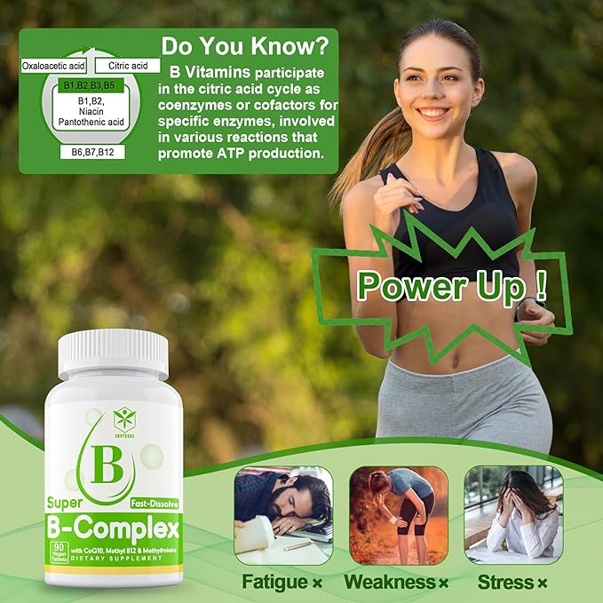 Sugar Free Vitamin B Complex with Methyl B12, MethylFolate, B6, B1, B2, B3, Fast Dissolve Highly Bioavailable Methylated B Complex Supplement for Energy Levels, Neural System, Vegan,180 Tablets