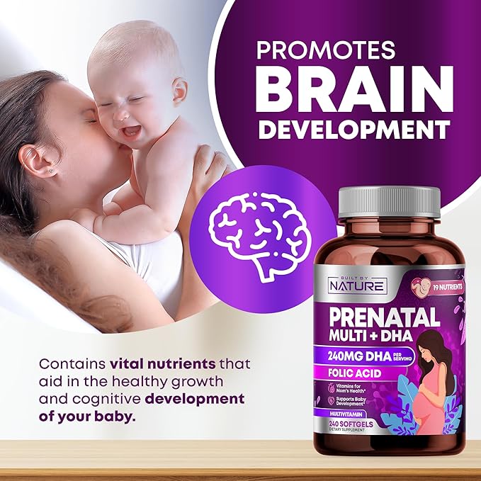 Prenatal Vitamins for Women - Multivitamin with DHA, Folic Acid, Vitamin C, B12, Iron & Omega-3 - Before, During & Post Pregnancy Supplement for Healthy Growth & Brain Development - 240 Softgels
