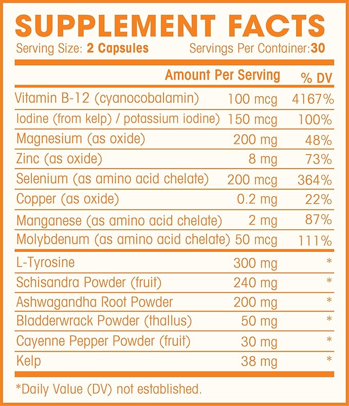 Thyroid Support Complex With Iodine For Energy Levels, Weight Loss, Metabolism, Fatigue & Brain Function - Natural Health Supplement Formula: L-Tyrosine, Selenium, Kelp, Bladderwrack, Ashwagandha, etc