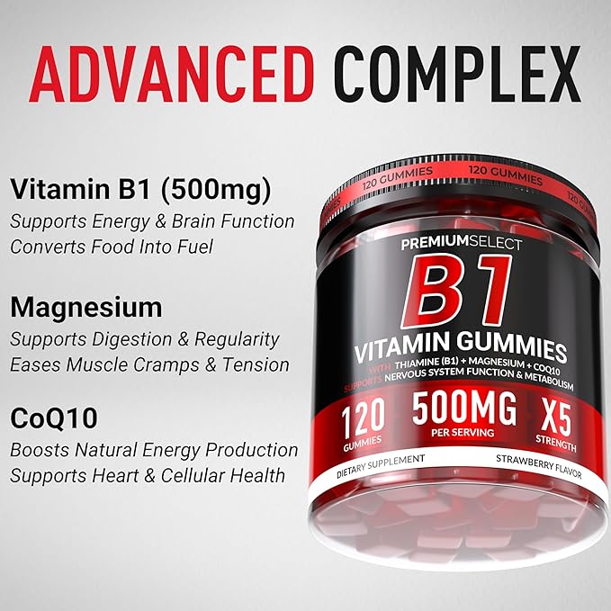Vitamin B1 Gummies – Sugar Free B1 Gummies with Thiamine, CoQ10 & Magnesium – B1 Vitamins for Women & Men, Adults & Kids – Thiamine Gummies for Energy & Nerve Support – 120 Count, 2-Month Supply