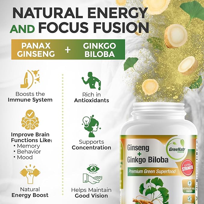 Ginko Biloba & Panax Ginseng Supplement - Red Ginseng Brain Supplement for Memory and Focus - Ginkgo Biloba Supplements for Good Vision, Immune System and Improved Blood Flow - 12 Bottles