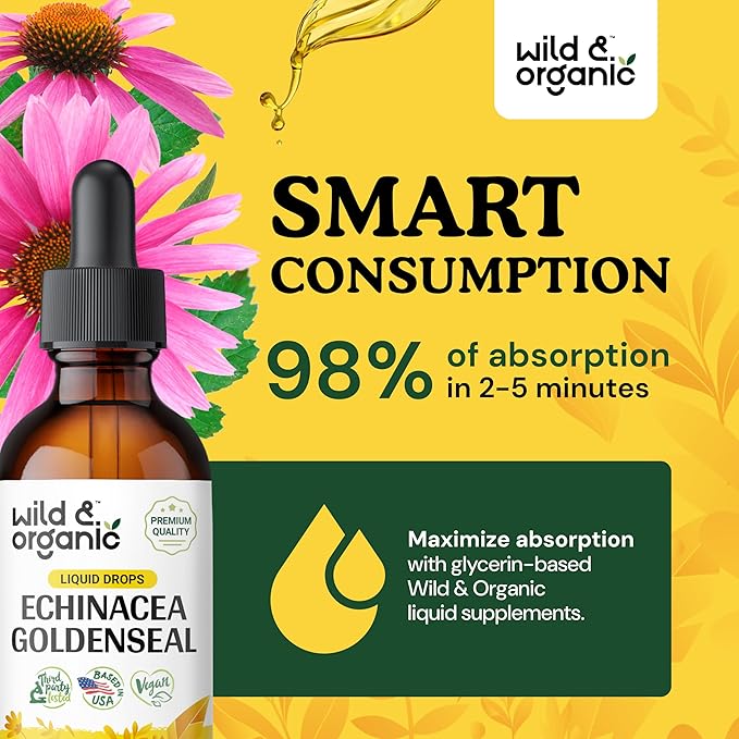 Wild & Organic Echinacea Goldenseal Liquid Drops - Immune Support Supplement w/Goldenseal Echinacea Root Extract - Vegan, Sugar & Alcohol-Free Tincture - 2 fl oz