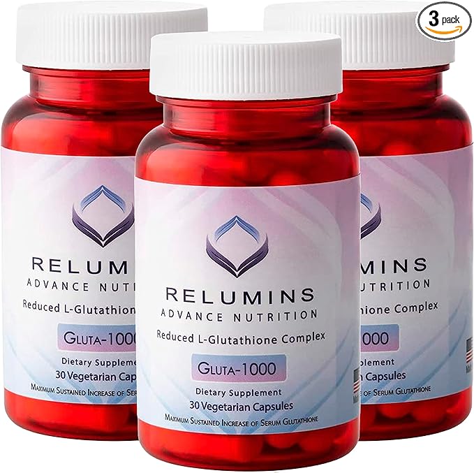 Relumins Advance Nutrition Gluta 1000 - Reduced L-Glutathione, Alpha Lipoic Acid & Rose HIPS - Antioxidant Support for Skin & Overall Wellness - 30 Veg Capsules x 3 Bottles (45-Day Supply)