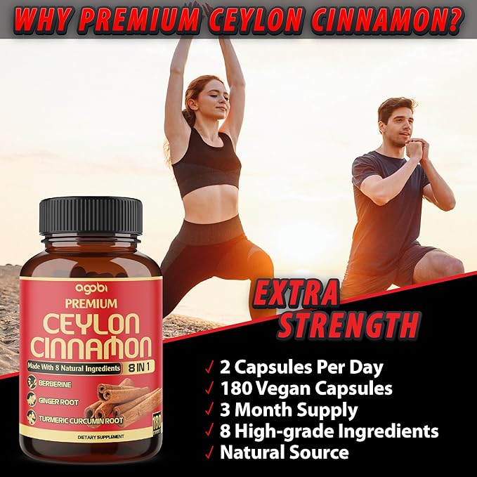 Premium Ceylon Cinnamon with Berberine Supplement - 8in1 Turmeric, Ginger, Gymnema & More - Body, Heart & Immune Support - 180 Capsules