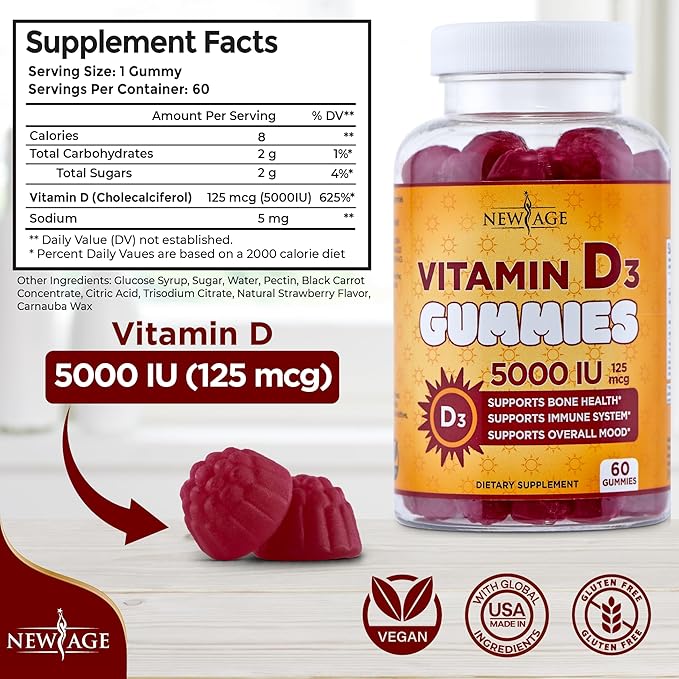 NEW AGE Immune Defense Combo - 2 Pack - Vitamin D3 Gummies 5000 IU 125mcg & High Potency Zinc Gummies, Immune Booster 120 Count