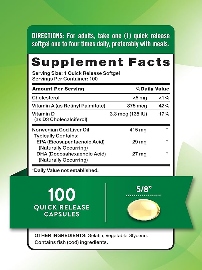 Nature's Truth Norwegian Cod Liver Oil | 100 Softgels | with EPA & DHA | Non-GMO, Gluten Free Supplement