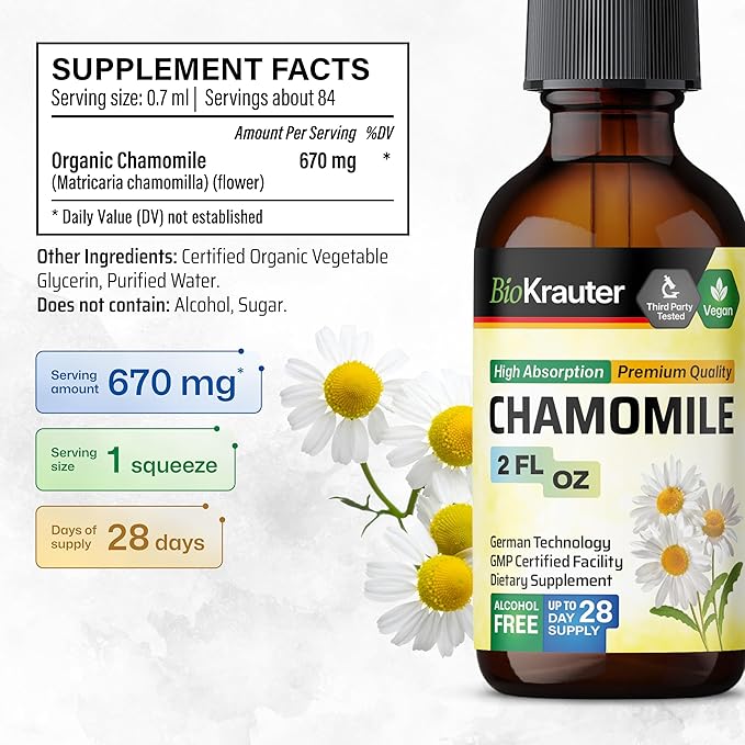 BIO KRAUTER Chamomile Flowers Tincture - Chamomile Extract - Contains Apigenin - Supplement for Relaxation and Calmness Support - Alcohol and Sugar Free - Vegan Drops 2 Fl.Oz.