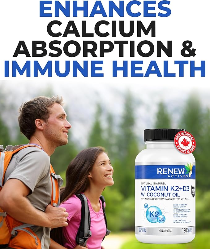 Renew Actives D3 K2 Supplement with Coconut Oil 1000 IU per Serving- Promotes Immune Function, Bone Health & Teeth, Enhances Calcium Absorption for Optimal Wellness - Made in Canada - 120 Softgels