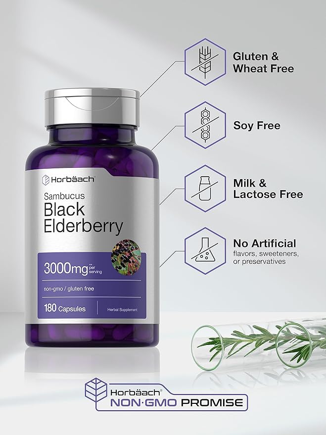 Horbäach Black Elderberry | 3000mg Capsules | 180 Count | Non-GMO, Gluten Free | Sambucus Extract Supplement