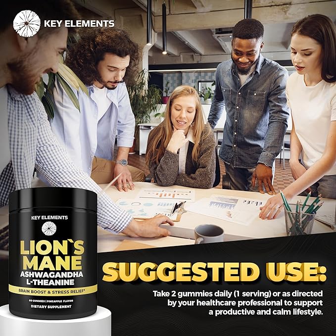 KEY ELEMENTS High Strength Extract Organic Lion's Mane Mushroom Gummies with Ashwagandha & L-Theanine - Potent Lion's Mane Brain Supplements for Memory & Relaxation - Mushroom Gummies for Focus