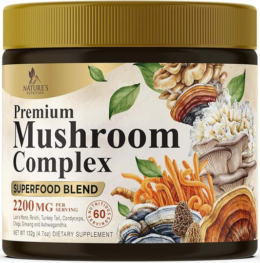 Mushroom Powder - 11 in 1 Complex Mushroom Supplement with Organic Lions Mane, Reishi, Cordyceps, Chaga, Turkey Tail, Maitake Extract for Memory, Brain, Energy, Focus, & Immune Support - 60 Servings