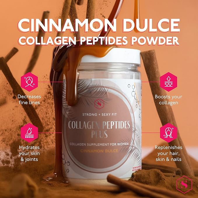 Strong + Sexy Fit Collagen Peptides Plus Powder with Hyaluronic Acid and Vitamin C, Women's Hair, Skin, Nails and Joint Support Supplement, Grass Fed Bovine Collagen, Cinnamon Dulce, 20 - 40 Svg