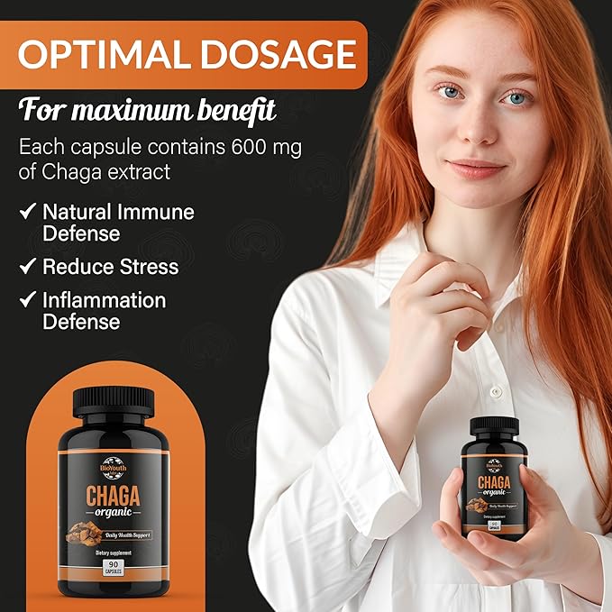 Chaga Capsules Organic Supplement | Supports Immune Health & Vitality | Daily Immune Support | Organic Chaga Mushroom Extract | 90 Capsules (1 Month Supply)