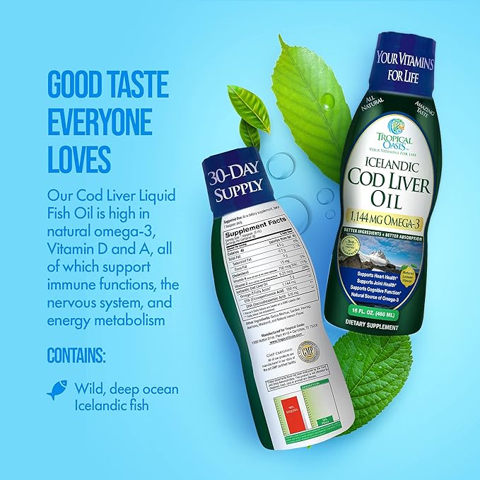 Tropical Oasis - Icelandic Cod Liver Oil | Maximum Strength 1144mg of Liquid Wild-Caught Natural Omega-3 Fish Oil (Lemon Flavor, 90 Servings)