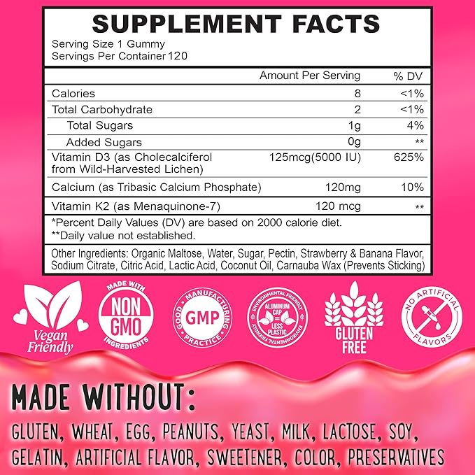 Center-Filled Vitamin D3 K2 Gummies - Kids, Teens & Adults - Supplement for Healthy Teeth, Bone, Energy & Immunity - 5000 IU D3, 120 mcg K2(MK-7), 120 mg Calcium - Vegan & Non-GMO - 120 Count